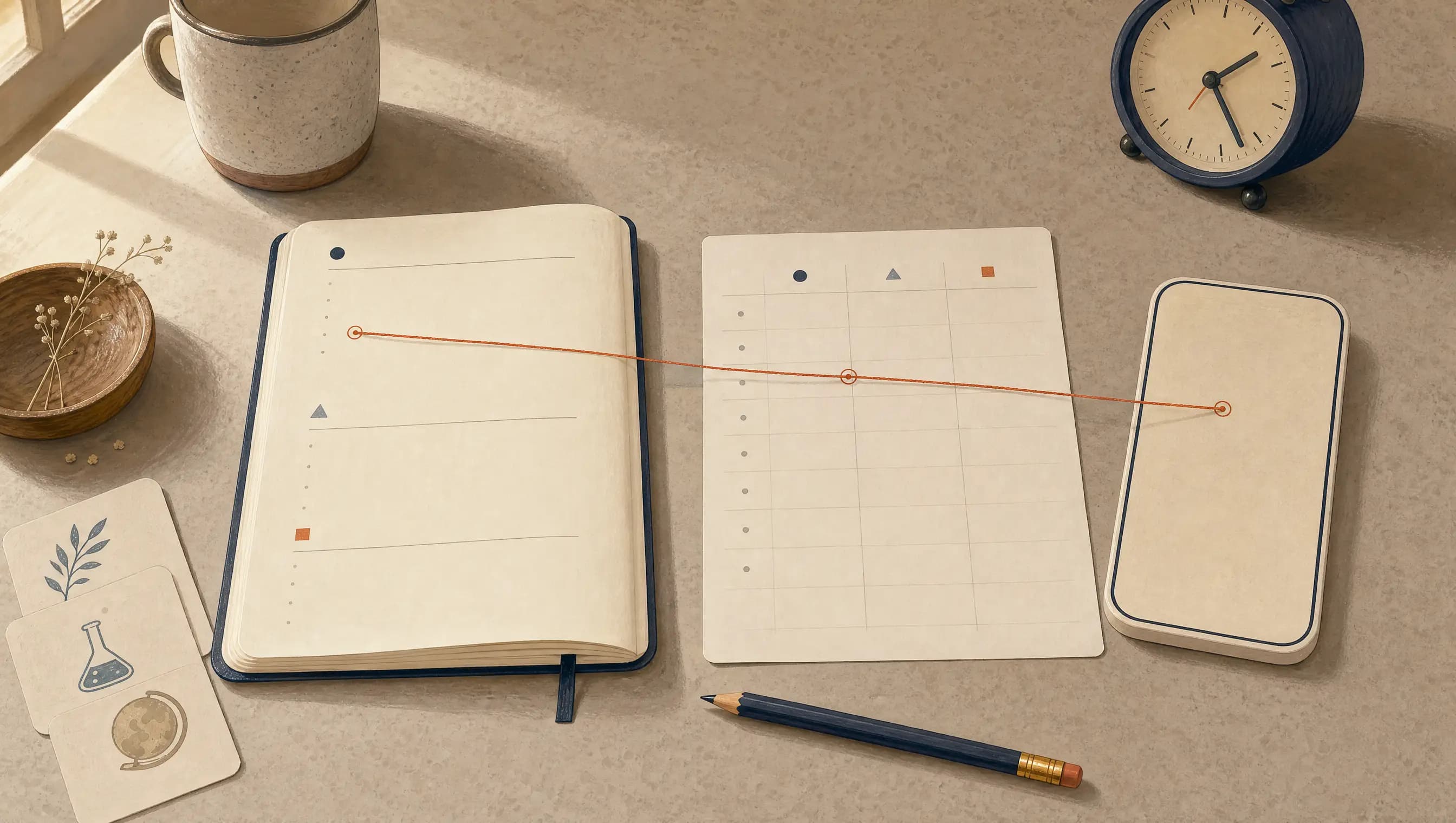 A paper log, spreadsheet, and phone compared on a homeschool table