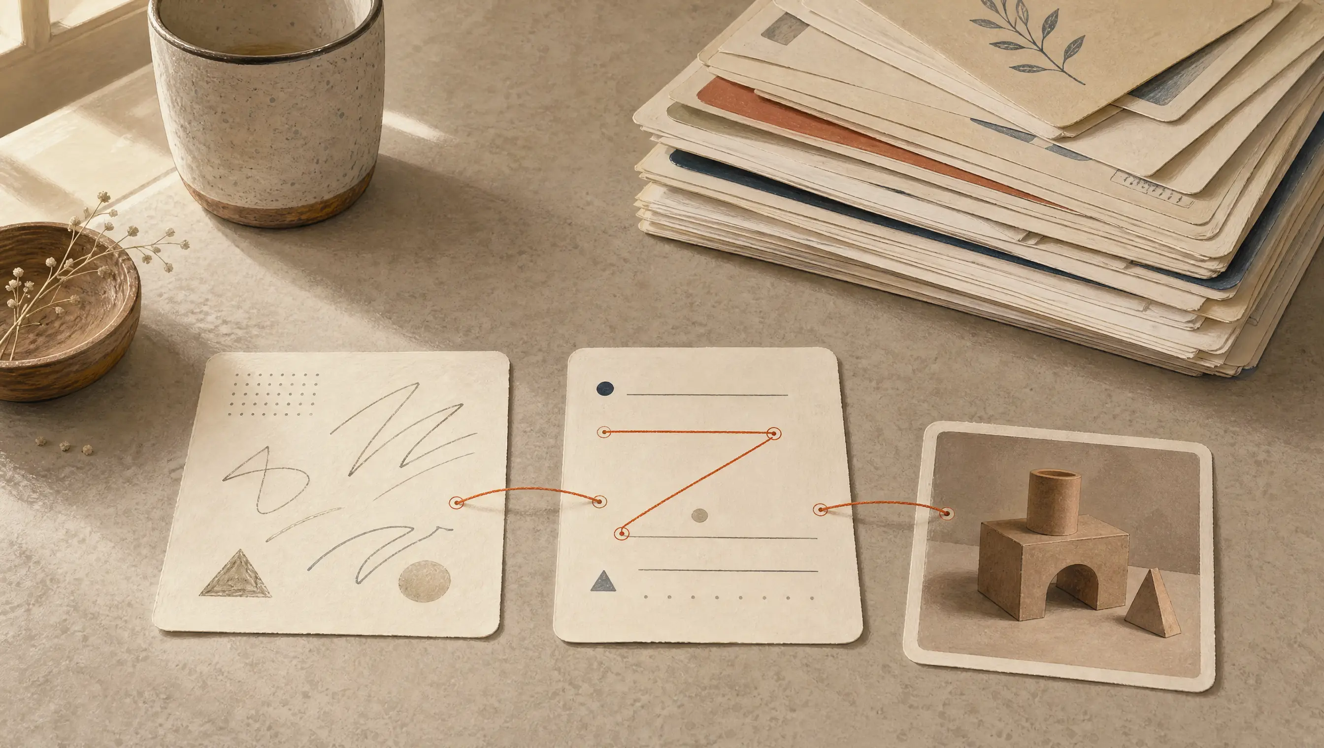 Three homeschool work samples selected from a larger stack