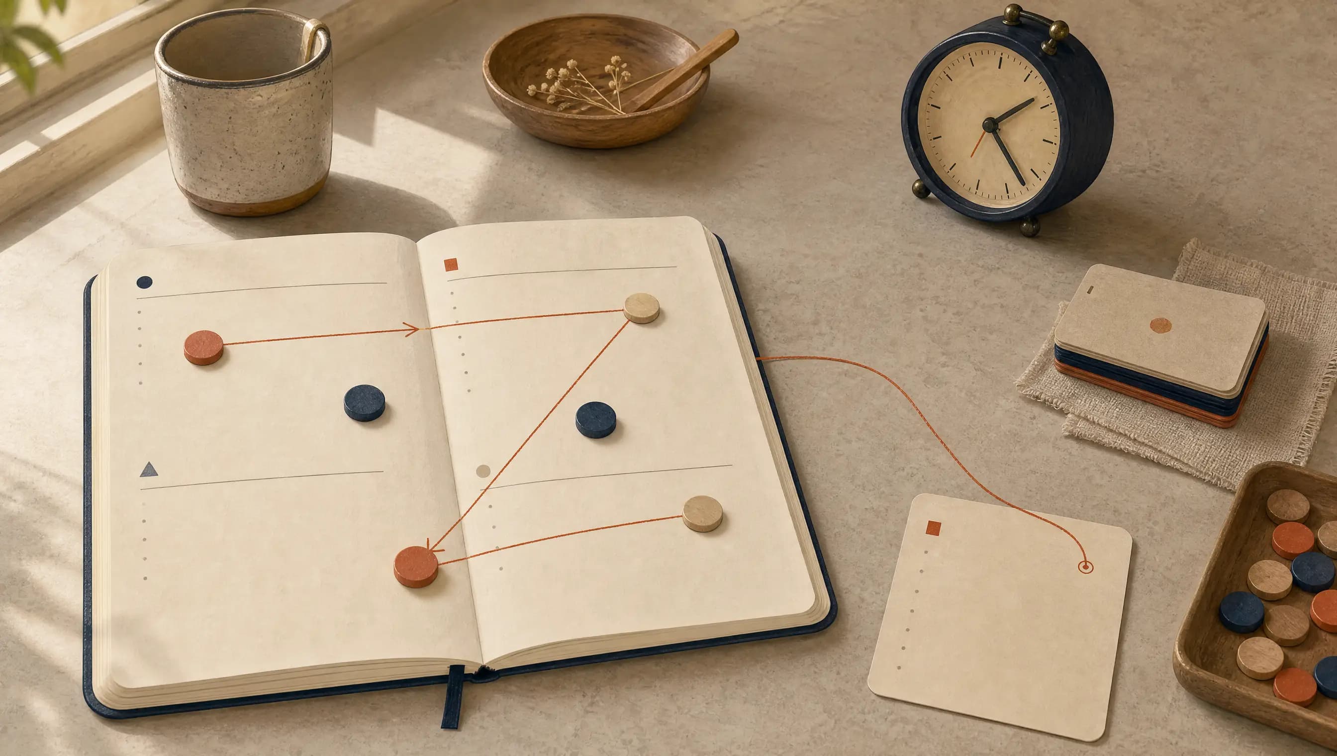 An open math lesson beside a clock and a short restart note