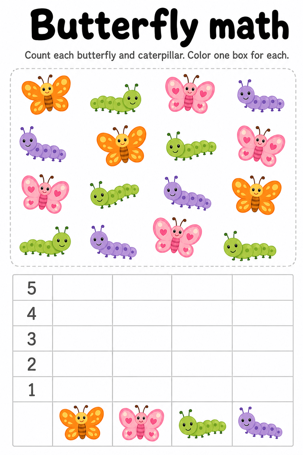 A practice page made for a child's butterfly math lesson