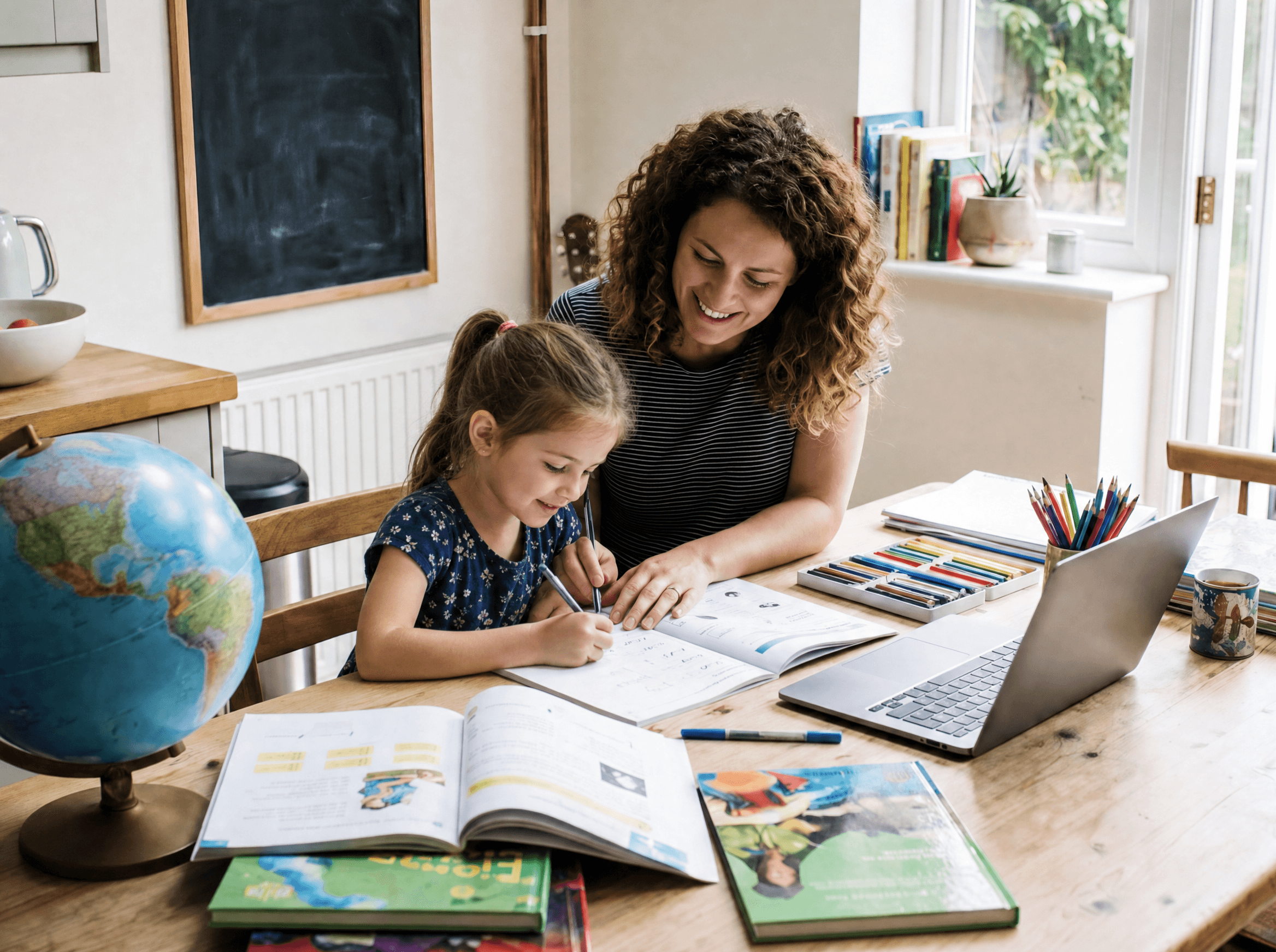 A parent and child turning a learning page into a hands-on moment